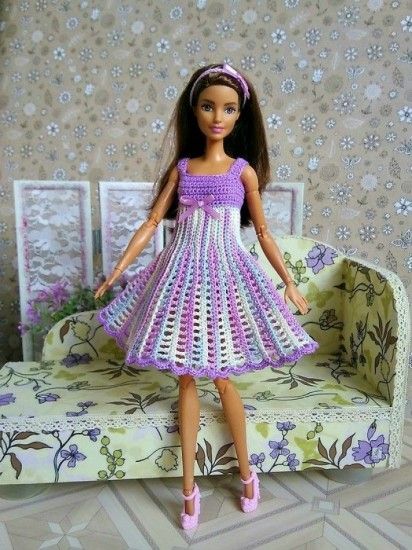 Crochet doll dresses find free patterns Doll Dress Crochet, Crochet Furniture, Crochet Barbie Patterns, Barbie Dress Pattern, Crochet Barbie, Crochet Doll Dress, Crochet Barbie Clothes, Barbie Outfits, Bright Dress