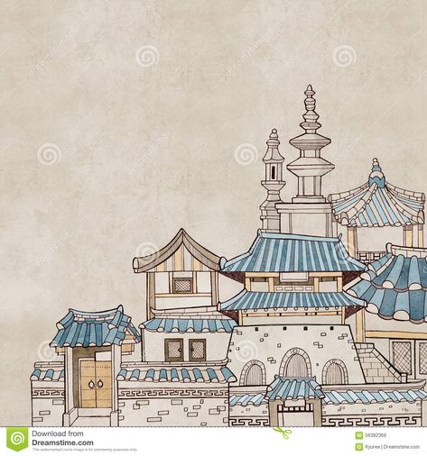 Korean Building, Korean Traditional House, Korean House, Korean Photo, Building Drawing, Building Illustration, Asian Painting, Traditional Houses, Isometric Illustration