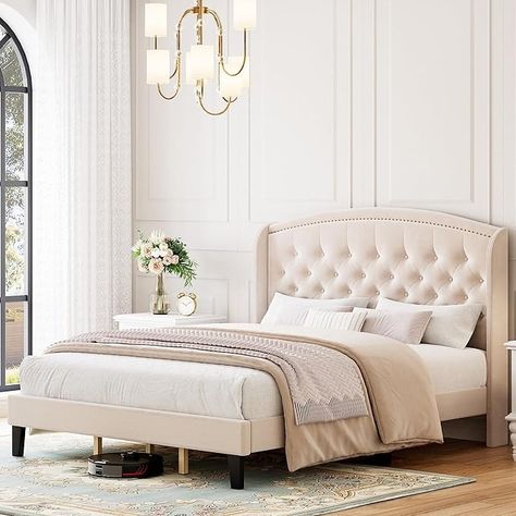 Amazon.com: IDEALHOUSE Queen Size Bed Frame, Velvet Upholstered Platform Bed Frame with Wingback Headboard, Button Tufted Design & Wood Slats Support, Easy Assembly, No Box Spring Needed, Beige : Home & Kitchen King Size Wood And Upholstered Bed, Bedframe Queen Size, Beige Upholstered Bed, Bed Colors, Bed Frame Upholstered, Queen Size Bed Frame, Full Size Bed Frame, Curved Headboard, Tufted Bed