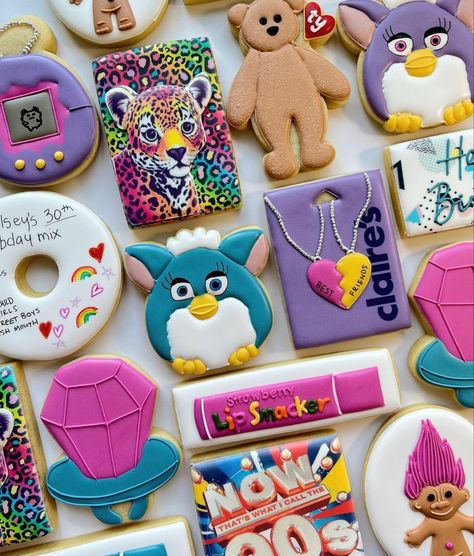 90s Themed Cookies Decorated, 90s Birthday Cupcakes, 90�’s Theme Birthday Party, 90s Birthday Party Theme Kids, 90s Sugar Cookies, 90s Theme Cookies, 90s 30th Birthday Party Theme, Y2k Cookies, 90s Birthday Party Ideas