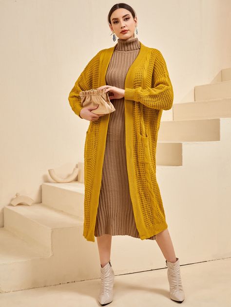 Mustard Yellow Casual  Long Sleeve Acrylic Plain Cardigan  High Stretch Spring/Fall Women Knitwear Plain Cardigan, Longline Cardigan, Shein Style, Ladies Fashion, Knitwear Women, Spring And Fall, Long A Line, Mustard Yellow, Front Open