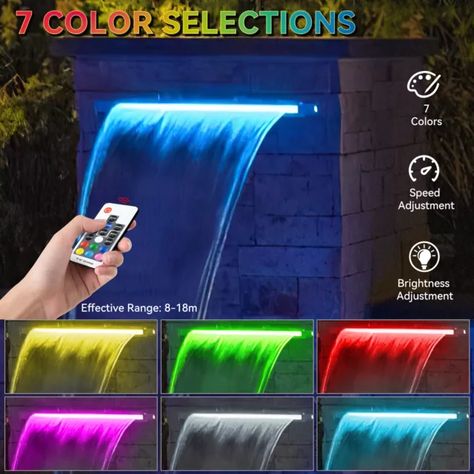 Outdoor Pool Fountain Waterfall Spillway 17 Color LED Acrylic Cascade 24" Acrylic Pool, Pool Design Modern, Stainless Steel Pool, Swimming Pool Fountains, Steel Pool, Garden Swimming Pool, Garden Waterfall, Pond Water Features, Pool Fountain