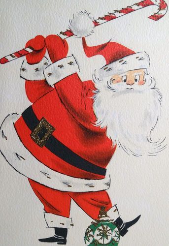 60s Santa Uses Candy Cane Golf Club to Hit Ornament Vintage Christmas Card! Golf Christmas, Christmas Golf, Santa Art, Vintage Christmas Card, Kris Kringle, Vintage Christmas Images, Santa Sleigh, Christmas Past, Christmas Scenes