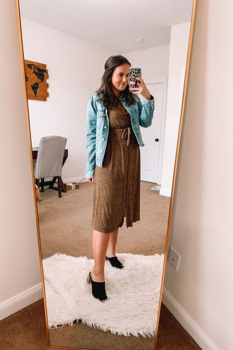 Black Heel Mules Outfit, Mules Outfit Fall, Heel Mules Outfit, Dress Denim Jacket, Mules Outfit, Teacher Ootd, Teacher Outfits Fall, Denim Jacket With Dress, Dress Denim