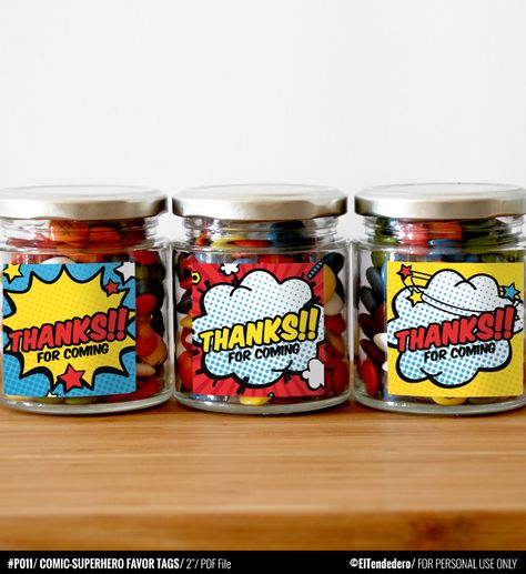 Superhero Favors, Comic Book Wedding, Superhero Party Favors, Comic Party, Superhero Baby Shower, Superhero Decorations, Marvel Party, Birthday Party Ideas For Kids, Superhero Invitations