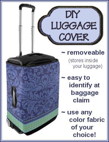 DIY: Luggage Cover ~ saw this picture and I know I can make this and what fun!  Choose a fabric, add binding, use velcro closure ~ wa-la!  I love the part that it's removeable (overlapped at handle), so not to destroy the original luggage.  NICE! Luggage Cover Diy Sewing Patterns, Diy Luggage Cover, Organization Xiii, Diy Luggage, Diy Baby Headbands, Simple Shed, Suitcase Cover, Traveling Tips, Luggage Covers