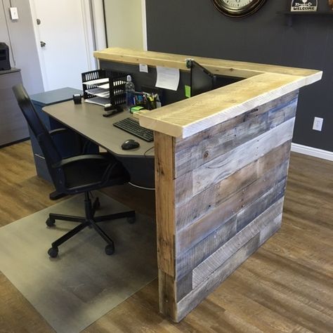 Reclaimed Pallet Wood Reception Desk Wood Reception Counter, Decorate A Shelf, Wood Reception, Square Floating Shelves, Sales Counter, Ikea Floating Shelves, Industrial Floating Shelves, Metal Floating Shelves, Floating Shelves Bedroom