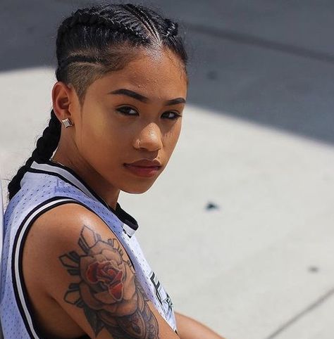 Cornrow With Undercut, Cornrow Hairstyles With Undercut, Braided Hair Shaved Sides, Undercut With Braids Women, Two Braids With Shaved Sides, Black Tomboy Hairstyles Braids, Undercut With Cornrows, Hair Shaved On Both Sides, Braids For Masc Women