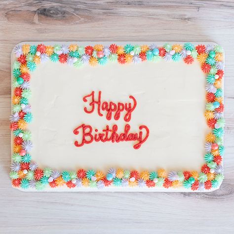 Simple but playful, this colorful gluten-free sheet cake is fun and simple. And delicious! Easy Birthday Sheet Cake Decorating, Cute Sheet Cakes Birthday, Half And Half Sheet Cake, Happy Birthday Sheet Cakes For Women, Easy Sheet Cake Decorating Ideas Simple, Simple Cake Borders, Sheet Cake Borders, Sheet Cookie Cake, Easy Cake Borders