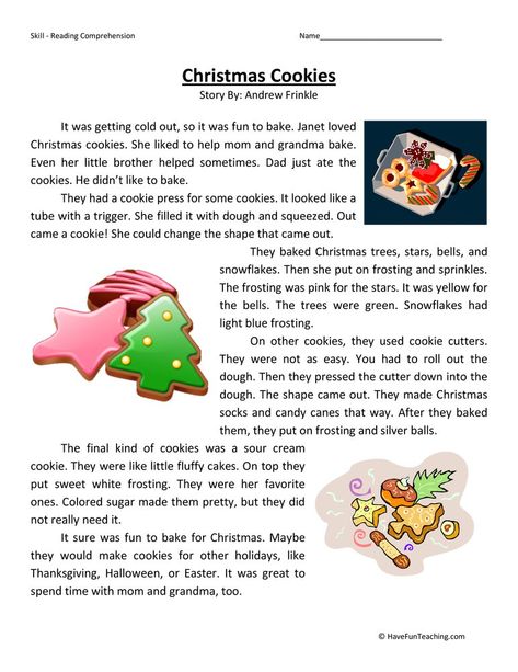 Christmas Reading Comprehension Worksheet Printable Printable Christmas Reading Activities, Christmas Reading Comprehension, Christmas Classroom Treats, Baking Christmas Cookies, Christmas Information, Christmas Teaching, Baking Christmas, Christmas Reading, Christmas Worksheets