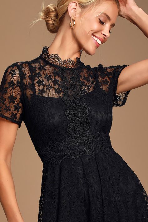 Black Prom Dress Short, Holiday Dresses Women, Pretty Crochet, Mock Neck Mini Dress, Black Lace Shorts, Peplum Tops, Crochet Lace Dress, Lace Skater Dress, Lace Short