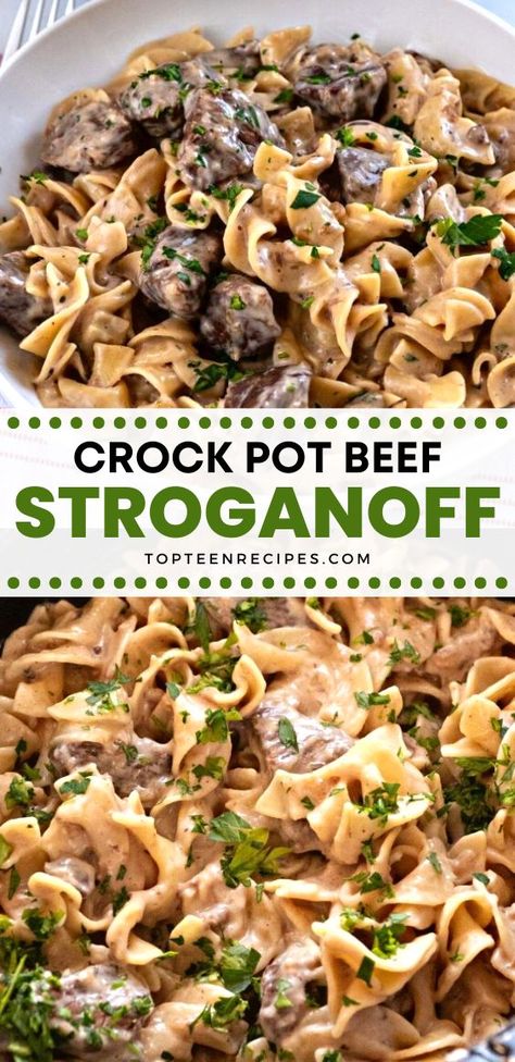 Crockpot Beef Stroganoff No Mushroom, Group Crockpot Meals, Beef Stroganoff In Crockpot, Easy Crockpot Beef Stroganoff, Recipes Using Heavy Cream, Crockpot Stroganoff, Crock Pot Stroganoff, Beef And Noodles Crockpot, Crock Pot Beef Stroganoff