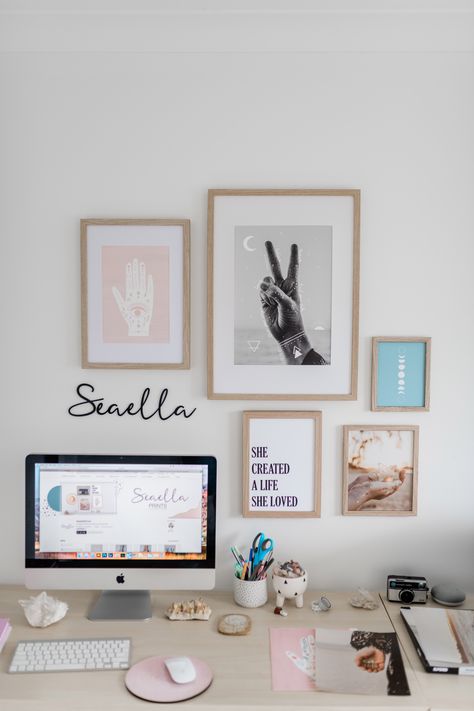 Above Desk Gallery Wall, Wall Art Above Desk, Office Collage Wall, Above Desk Wall Decor, Desk Gallery Wall, Desk Photo Display, Home Office Gallery Wall, Office Gallery Wall, Bookshelf Inspiration