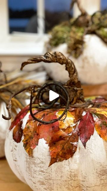 Erin Sowell on Instagram: "Whoops, I did it again…  and I love it and will keep doing it! Making cute pumpkins, that is! 🤭  Transforming paper mache pumpkins into whimsical works of art is such fun. Painting them with a little white chalk paint and adding moss, leaves and feathers creates the sweetest, one of a kind pumpkins for our home each fall.   I love being creative and thinking outside the box when coming up with diy decor and fall is my favorite season to do just that! Bringing the outdoors in and using beautiful fall leaves straight out of our yard is a fun and super inexpensive way to add all those amazing autumn colors to our home. Moss and feathers are also a few of my favorites to use for the season and I love adding them in wherever I can. As you can see, I even added more r Thanksgiving Paper Mache Crafts, Paper Mache Pumpkins Diy How To Make, Painted Paper Mache Pumpkins, Painting Paper Mache Pumpkins, Decopauge On Pumpkins, Decorating Paper Mache Pumpkins, Handmade Pumpkins Diy, Faux Pumpkin Decorating Ideas, Modge Podge Pumpkins