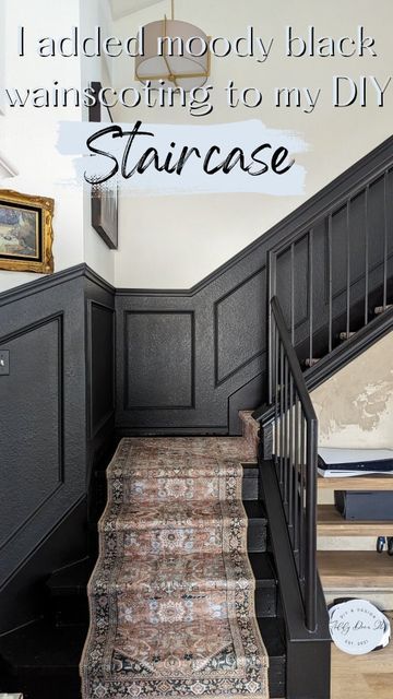 Wayne’s Coating Stairs, Wayne Scotting Staircase, Black Stair Wall, Wainscoting Up Staircase, Waynes Coating Entry Way, Moody Stairwell, Wainscoting On Stairs, Dark Staircase Ideas, Black Stairwell