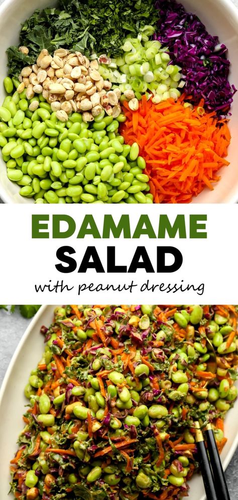 Edamame Salad with Peanut Sauce Meals With Edamame Beans, Edamame Peanut Crunch Salad, Vegan Edamame Salad, Edamame Carrot Salad, Crunchy Edamame Salad, Kale Edamame Salad, Edamame Salad Dressing, Dinner With Edamame, Edamame And Cucumber Salad