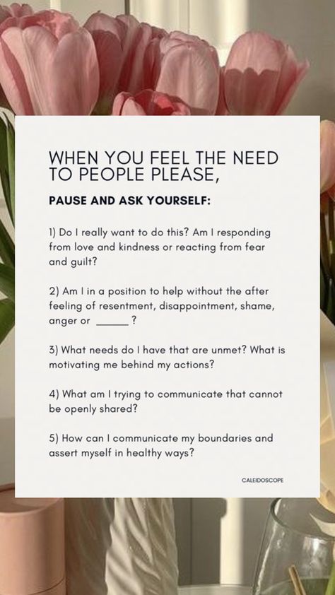 Journal prompts on people pleasing and setting healthy boundaries for yourself People Pleasing Recovery, Stop People Pleasing, Protect Your Peace, Healing Journaling, People Pleasing, Reflection Questions, Healthy Advice, Health Heal, Writing Therapy