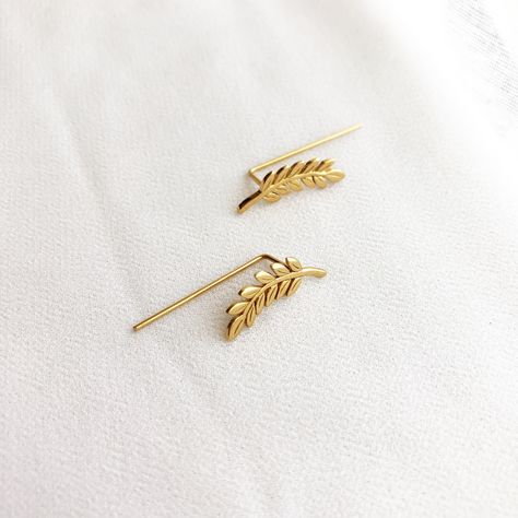 Leaf Ear Climbers Ear Pierce, Gold Ear Climbers, Ear Pin, Tarnished Jewelry, Ear Pins, Ear Climbers, Statement Drop Earrings, Ear Jacket, Earrings Ear