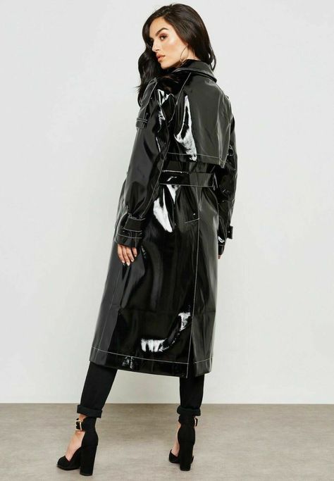 JOVANNA TOPSHOP PVC VINYL PLASTIC PATENT BELTED TRENCH RAIN MAC COAT RAINCOAT 8 | eBay Patent Trench Coats, Raincoat Outfit, Rainwear Fashion, Vinyl Raincoat, Pvc Raincoat, Coat Street Style, Coat Outfit, Raincoats For Women, Double Breasted Coat