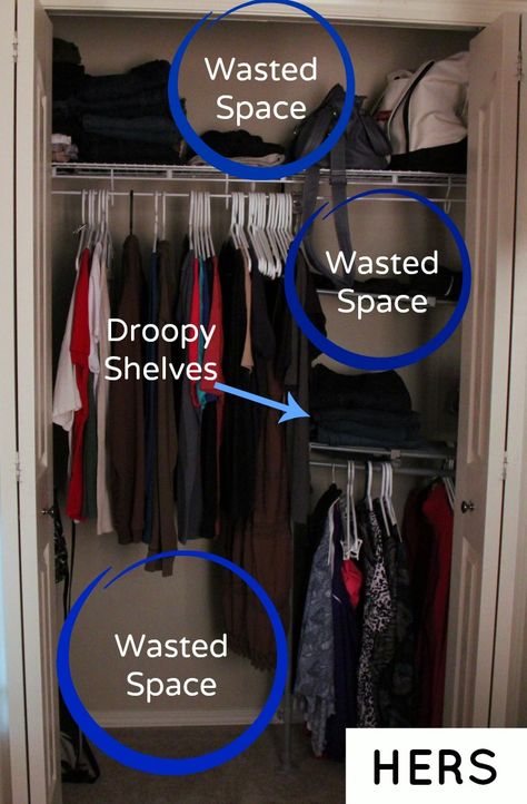 home depot closet organization products, tackling his and hers closets with before and after photos Before And After Closet Organization, His And Hers Shared Closet, Small Bedroom Storage Ideas For Couples Master Closet Ideas, Small His And Hers Closet, Closet Before And After, Double Closet Makeover, Double Closet Organization, Home Depot Closet Organizer, His And Her Closet