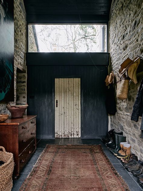 Stone Feature Wall, Wall Colours, Inside House, Open Fireplace, Tiny Cabin, Log Burner, Style Deco, Rustic Interiors, Rustic Chic