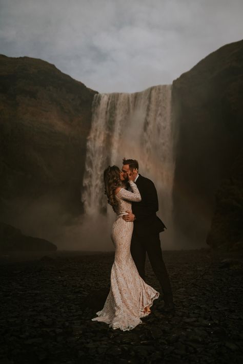 Iceland Engagement Pictures, Elope Iceland, Norway Elopement, Emotional Stories, Fantasy Wedding Dresses, Waterfall Dress, Iceland Elopement, Skogafoss Waterfall, Waterfall Wedding