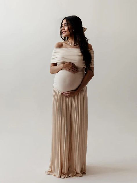 Momyknows Apricot Off Shoulder Ruched Pleated Big Swing Elegant Evening Gown Maternity Boho Photoshoot Baby Shower Maxi Dress Long Flowy Maternity Dress Photoshoot, Baby Shower Fall Dress, Light Yellow Maternity Dress, Modest Pregnancy Photoshoot, Pregnant Birthday Outfit, Maternity Baby Shower Outfit, Maternity Fashion Summer, Baby Shower Outfits For Mom, Pregnant Aesthetic