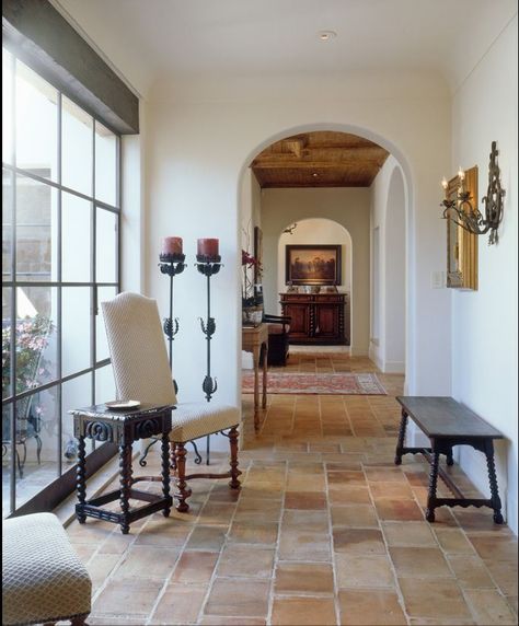 Beautiful hallway with saltillo tile and floor to ceiling window. Modern Mediterranean Homes Interior Design, Mediterranean Home Interior, Modern Mediterranean Homes, Spanish Hacienda, Saltillo Tile, Spanish Decor, Tuscan Kitchen, Spanish Style Home, Casa Patio