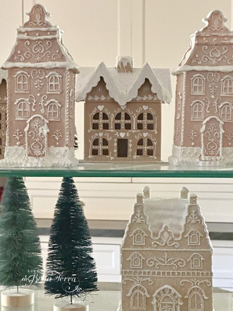 Easy and Inexpensive DIY Paper Mache Gingerbread Houses | Life at Bella Terra Paper Gingerbread Houses, Gingerbread Paper House, Paper Mache House Diy, Gingerbread Village Diy, Cardboard Ginger Bread House, Diy Paper Mache Ornaments, Diy Clay Gingerbread House, Diy Wood Gingerbread House, Diy Faux Gingerbread House