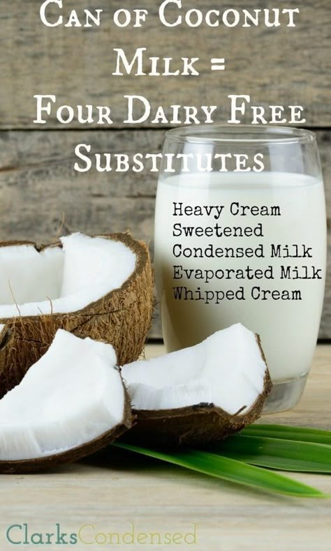 Need a dairy free substitute? Coconut milk to the rescue! Here are four ways to use coconut milk to make substitutes for heavy cream, sweetened condensed milk, evaporated milk, and whipped cream! Dairy Substitutes, Dairy Free Cooking, Lactose Free Recipes, Dairy Free Diet, Dairy Free Dessert, Gluten And Dairy Free, No Dairy Recipes, Gluten Dairy Free, Evaporated Milk