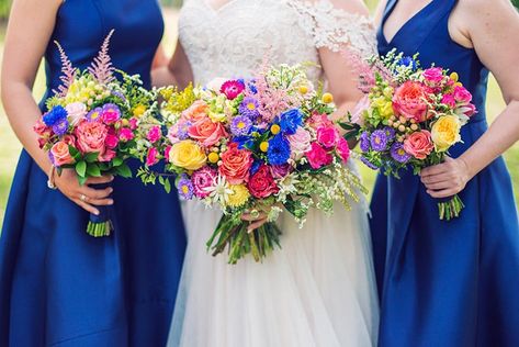 Flowers To Go With Royal Blue Dress, Alice Flowers, Royal Blue Wedding Theme, Bright Blue Dress, Royal Blue Bridesmaids, Prom Bouquet, Multicolor Wedding, Bright Wedding Flowers, Wedding Color Pallet