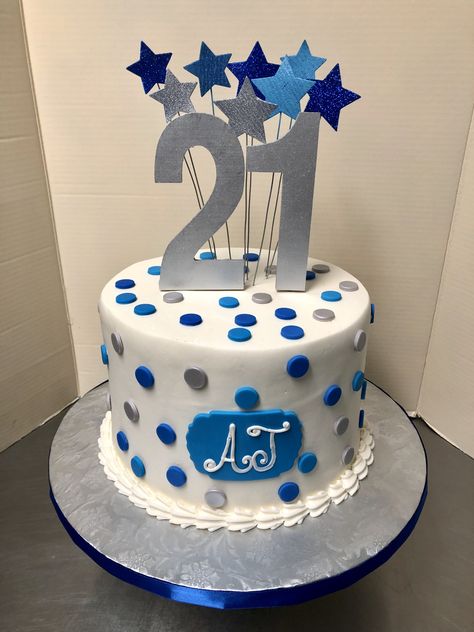 Blue & Silver 21st Birthday Cake 11th Birthday Cake Boy, 2 Teir Birthday Cake, 21st Birthday Cakes For Men, Blue And Silver Cake, 18th Birthday Cake For Guys, 21st Birthday Cake For Guys, Surfer Cake, 21st Cakes, Jake Cake