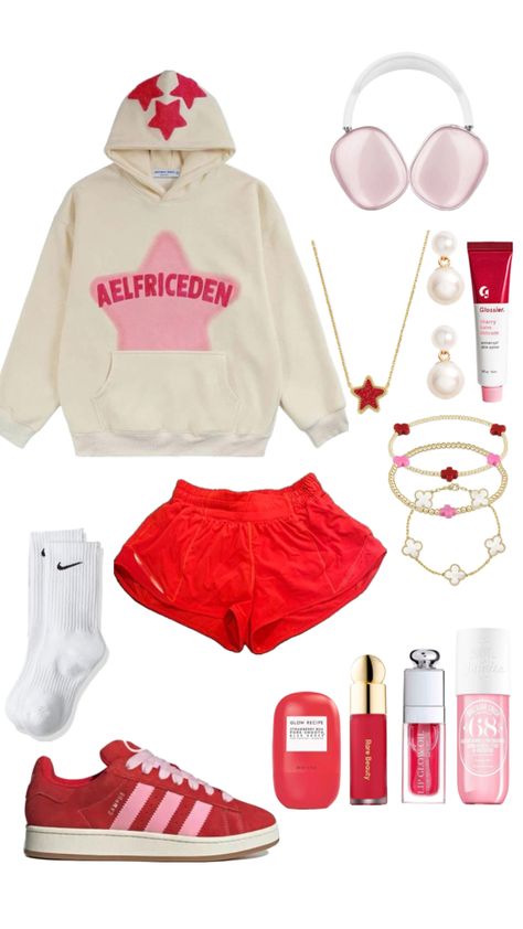 cute pink and red fit #outfit #preppy #adidas #adidascampus #kendrascott #skincare #outfitinspo #fyp #makeup #aelfriceden #hoodie #lululemon #hottyhots #glossier #nike #jewelry Pink Nike Hoodie Outfit, Nike Jewelry, Nike Hoodie Outfit, Pink Nike Hoodie, Outfit Preppy, Red Fits, Pink Nike, Adidas Campus, Adidas Outfit