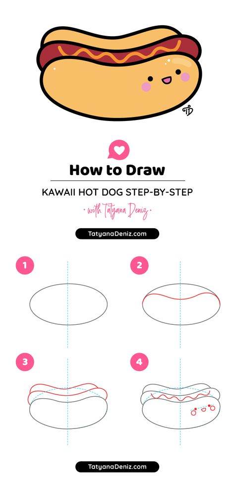 How to draw kawaii hot dog step-by-step cute and easy Cute Hot Dog Drawing, How To Draw A Hot Dog, Hot Dog Drawing Easy, Kawaii Food Drawings Step By Step, Step By Step Kawaii Drawing, How To Draw Kawaii Food, Cute Food Animals Drawings, How To Draw Food Step By Step, Hot Dog Doodle