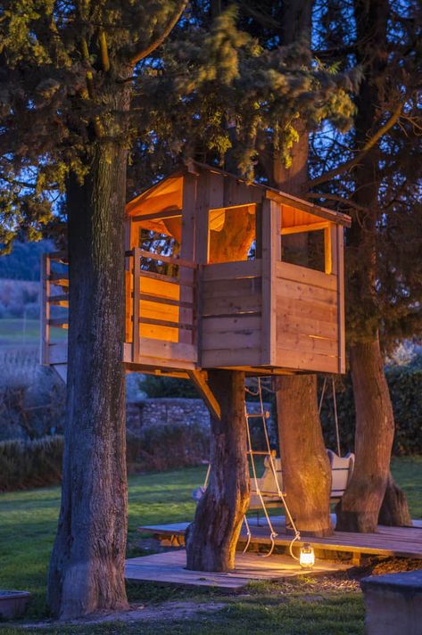 Simple Platform Treehouse, Backyard Treehouse Diy, Cool Treehouse Ideas, Free Treehouse Plans Easy Diy, Two Tree Treehouse, Playhouse Around Tree, Tree House Backyard, Farm Tree House, Tree House Plans For Kids