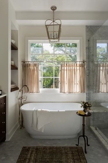 Carley Page Interiors, Bathtub Tile Surround, Bathtub Decor, Bathtub Remodel, Bathroom Reno, Bathroom Windows, Dream Bathrooms, Cafe Curtains, Bathroom Renos