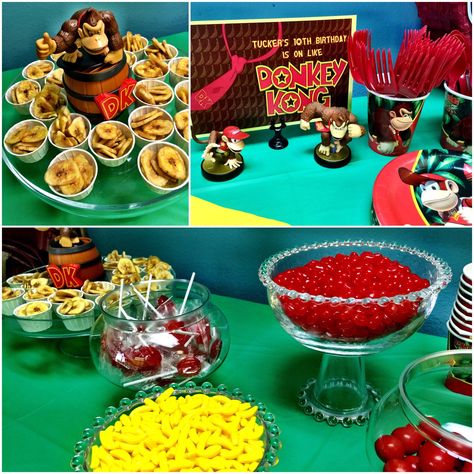 Donkey Kong Birthday Donkey Kong Food Ideas, Mario Kart Party Ideas, Donkey Kong Birthday Party, Nintendo Switch Party, Donkey Kong Party, Smash Bros Party, Switch Party, Hamburger Party, Baby Birthday Theme