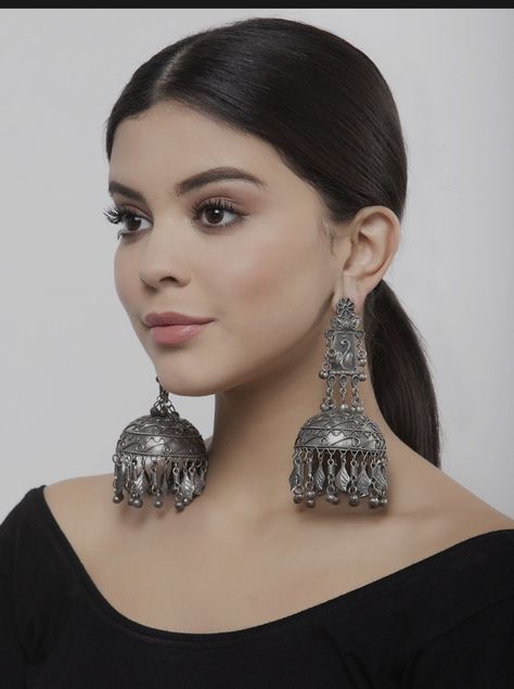 Heavy Oxidised Earrings, Silver Oxidised Jhumka, Oxidized Jewellery On Saree, Jhumkas Oxidised, Oxidised Jewellery Earrings, Heavy Jhumka, Silver Jhumka Earrings, Oxidised Jhumka, Black Metal Jewelry