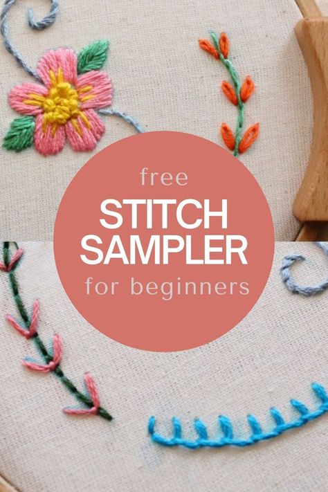 Embroidery Stitch Sampler Pattern, Embroidery Learning Pattern, Embroidery Stitch How To, Beginner Embroidery Stitches Free Pattern, Beginner Embroidery Sampler, Fast Embroidery Stitches, Hand Embroidery Sampler Pattern Free, Hand Embroidery Patterns Free Printable Flowers Easy, Free Embroidery Patterns Hand