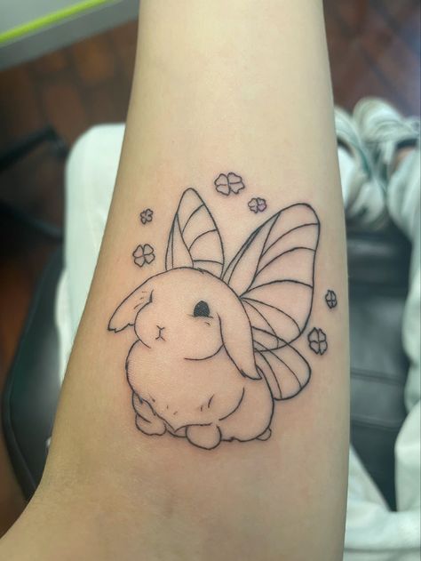 Bunny Fairy Tattoo, Kawaii Bunny Tattoo, Two Bunny Tattoo, Easter Tattoo Ideas, Bunny With Wings Tattoo, Melody Tattoo Ideas, Cute Bunny Tattoos, Kawaii Tattoo Small, Bunny Tattoo Cute