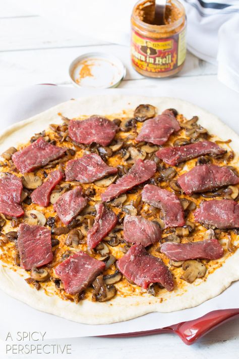 Awesome Homemade Pizza with New York Strip, Spicy Mustard, and Mushrooms! #pizza #steak #mushrooms #recipe Mushrooms Pizza, Pizza Oven Recipes Wood Fired, Gourmet Pizza Recipes, Steak Mushrooms, Pizza Steak, Pizza Dip Recipes, Homemade Pizza Recipe, Delicious Pizza Recipes, New York Strip