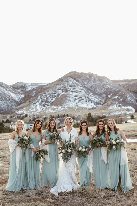 February Wedding Colors, Bridesmaid Dress Ideas, Winter Wedding Bridesmaids, Taupe Bridesmaid Dresses, Winter Bridesmaids, Winter Bridesmaid Dresses, Littleton Colorado, White Bridal Gown, February Wedding