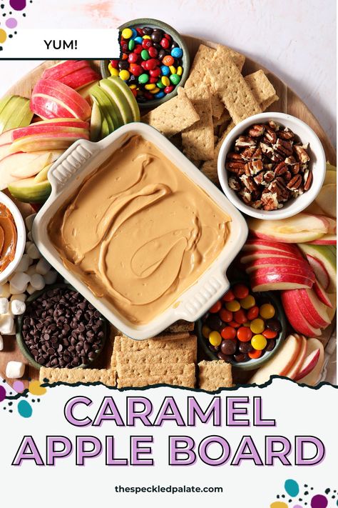 Love caramel apples all fall, but don’t want to make actual caramel apples? Create a Caramel Apple Board instead, complete with dulce de leche dip, apple slices and festive toppings to add to each bite. You just need a handful of ingredients to assemble this fun dessert board. #EasyEntertaining #SpeckledPalate Caramel Apple Board, Apple Charcuterie Board, Apple Board, Fall Beverages, Taffy Apple, Mouthwatering Desserts, Dessert Board, Apple Bars, Fun Dessert