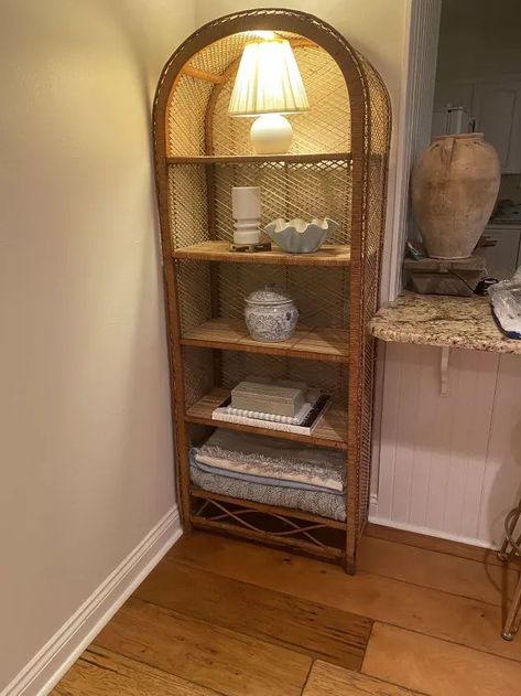 This is an easy refresh into how to wake up vintage or thirsty rattan. This is so easy to do, and can make a huge difference in the appearance of antique or vintage woven furniture . Here is a before photo. The piece was looking dusty, and like it had seen better days. I’ve read on Pinterest Hemp Oil is good to revive rattan and wicker . Here is a closeup of the thirsty wicker. Since it is a natural material, over time it will wear out and dry . To keep it from cracking or splittin… Rattan Bookshelves, Wicker Bookshelf, Vintage Wicker Furniture, Vintage Rattan Furniture, Grandma Cottage, Furniture Wardrobe, Diy Painted Furniture, Kitchen Closet, Wicker Shelf