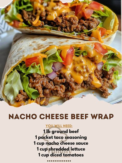 🌮🥩 Wrap up your cravings with this cheesy sensation! #NachoCheeseWrap #BeefyBites 🍽️ Nacho Cheese Beef Wrap 🛒 Ingredients: 1 lb ground beef 1 packet taco seasoning 1 cup nacho cheese sauce 1 cup shredded lettuce 1 cup diced tomatoes 1 cup shredded cheddar 4 large tortillas 👩‍🍳 Instructions: Cook Beef: In a skillet, cook ground beef with taco seasoning until browned. Assemble Wraps: Spread nacho cheese sauce on tortillas. Add beef, lettuce, tomatoes, and cheddar. Wrap & Serve: Fold tortill... Nachos With Ground Beef And Cheese, Nacho Beef Folded Wrap, Wraps Recipes Beef, Ground Beef Wrap, Nacho Cheese Beef Wrap Recipe, Nacho Cheese Beef Wrap, Beef Tortilla Wraps, Meals With Tortillas, Ground Beef Wraps