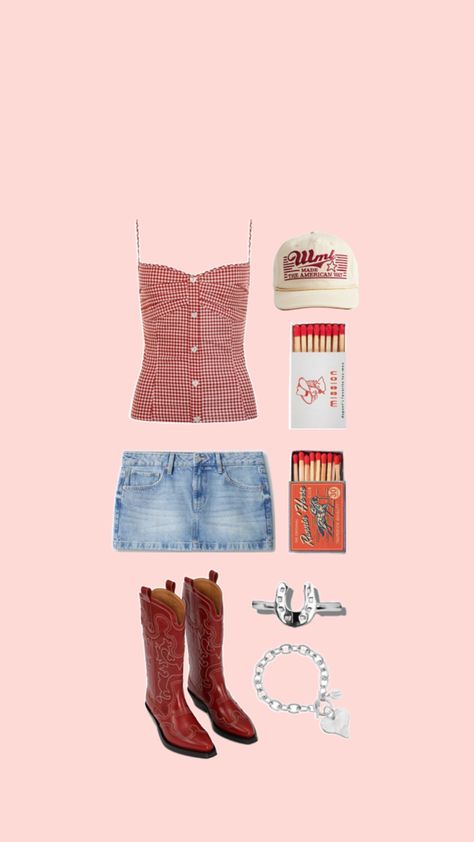 red boots and gingham top and denim mini shirt Country Concert Outfit Red Boots, Stagecoach Outfit, Gingham Top, Country Concert Outfit, Country Concert, Gingham Tops, Country Concerts, Red Boots, Grad Dresses