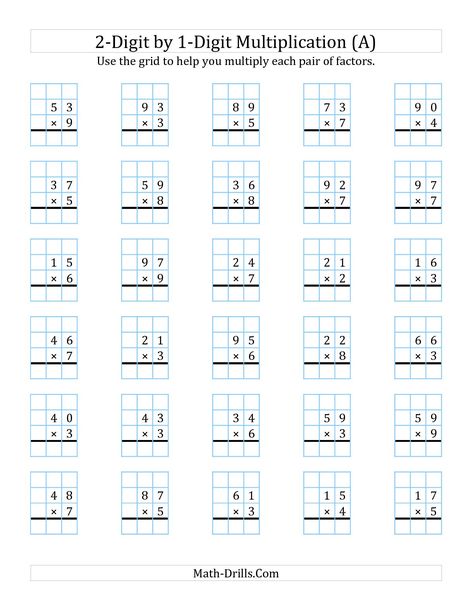 The 2-Digit by 1-Digit Multiplication with Grid Support (A) math worksheet from the Long Multiplication Worksheet page at Math-Drills.com. Box Method Multiplication, 4th Grade Multiplication Worksheets, Multiplication Drills, Two Digit Multiplication, Double Digit Multiplication, Top Template, Free Multiplication Worksheets, Printable Multiplication Worksheets, Math Multiplication Worksheets