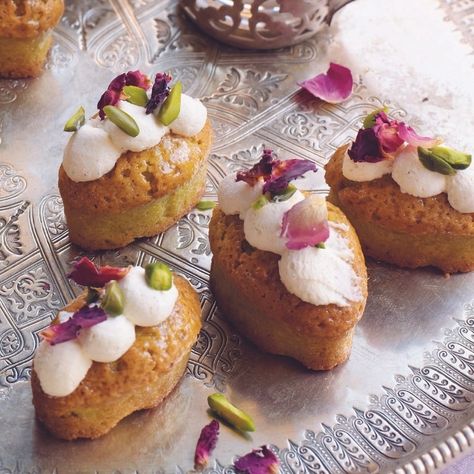 Pistachio & Rose Financiers Recipe Financier Recipe, Financier Cake, Pistachio Rose, Cookbook Club, Christmas Afternoon Tea, Edible Rose Petals, Mark 4, Rose Extract, Gourmet Treats