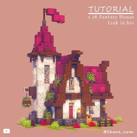 Crimson Wood Minecraft, Mystical Houses Minecraft, Minecraft House Crimson Wood, Minecraft Vineyard House, Tiny Castle Minecraft, Minecraft Tower Ideas Cottagecore, Mythical Minecraft House, Fantasy House Minecraft Tutorial, Minecraft Fantasy House Ideas