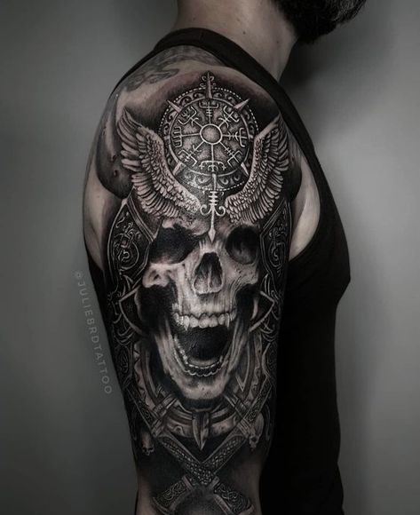 Dark Half Sleeve Tattoo For Men, Viking Tattoos Shoulder, Odin Skull Tattoo, Viking Designs Tattoo, Bald Head Tattoos For Men, Viking Skeleton Tattoo, Celtic Skull Tattoo, Skull Shoulder Tattoo Men, Viking Shoulder Tattoo Men